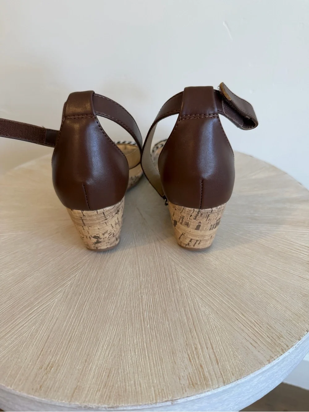 201. Naturalizer Brown Cork Wedge Sandals with Braided Black & Cream Straps
